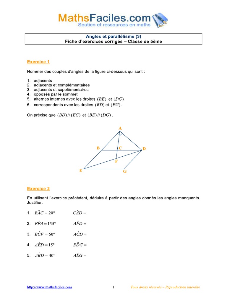 Exercices Corrigés Sur Les Angles 5ème Pdf Angles Et Parallélisme (3) - Exercices Corrigés 5ème | PDF