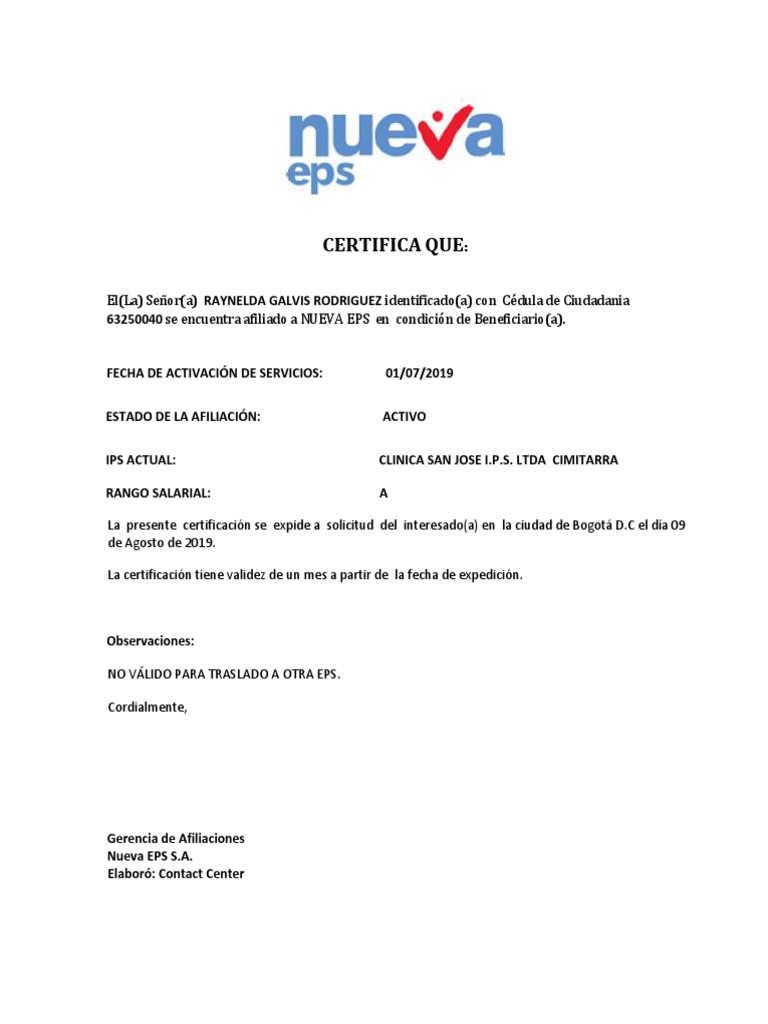 Certificado de Afiliación Nueva EPS | PDF