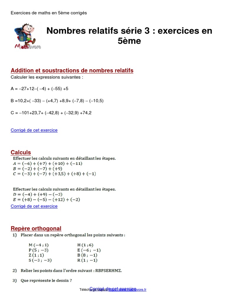 Iparcours 5ème Corrigé Pdf 2023 Nombres Relatifs Serie 3 Exercices en 5eme | PDF
