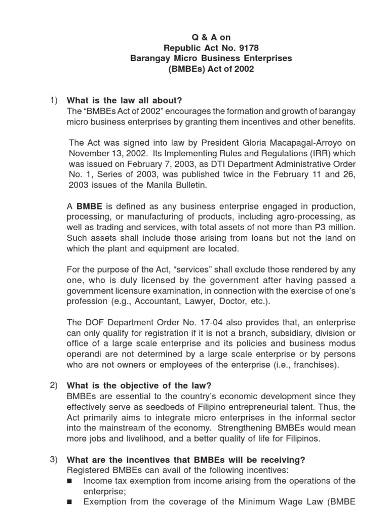 BMBE Act of 2002: Benefits & Registration | PDF | Licensure | Business