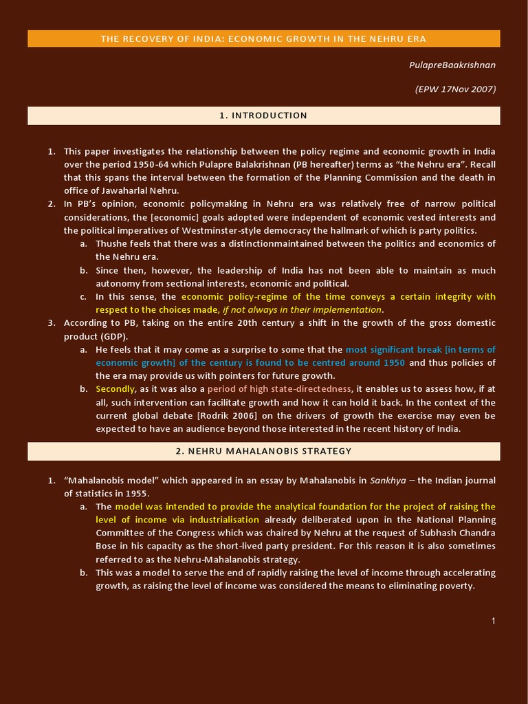 IE 1 - Unit 1 - Pulapre Balakrishnan - Eco Growth in Nehru Era | PDF ...