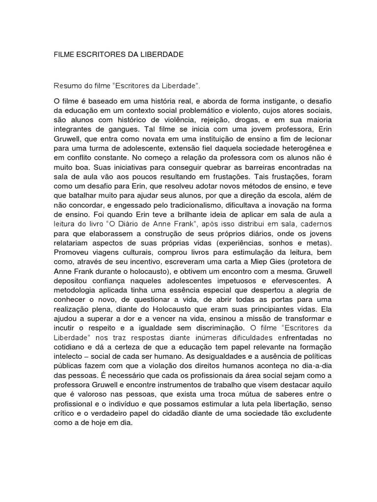 Escritores Da Liberdade Resumo | PDF | Liberdade | Anne Frank