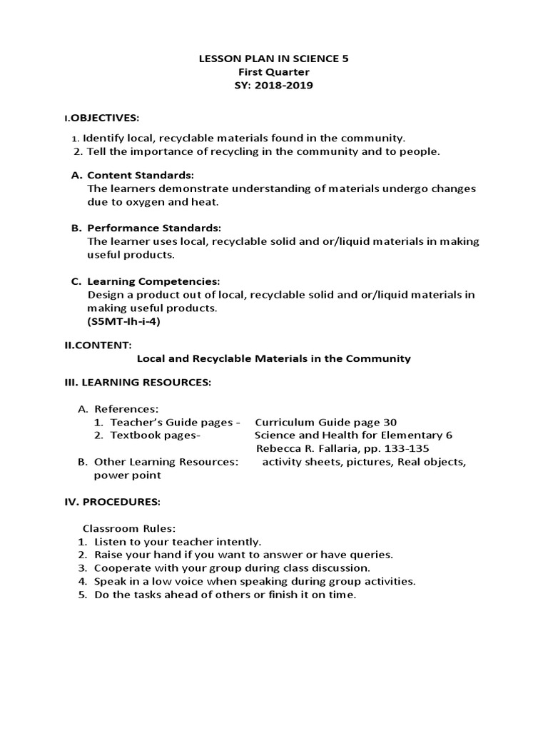 Lesson Plan in Science 5-Cot 19 | PDF | Recycling | Lesson Plan