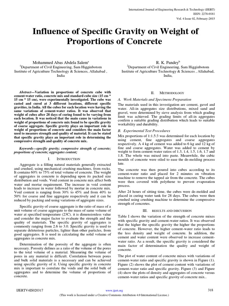 Influence of Specific Gravity On Weight of Proportions of Concrete ...