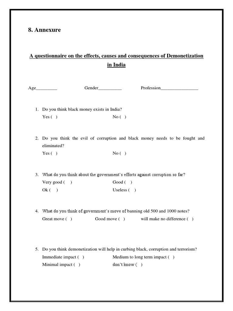 Demonetization Effects Questionnaire India | PDF