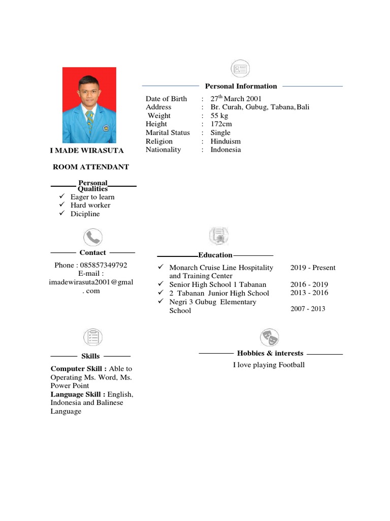 Room Attendant Resume of I Made Wirasuta | PDF