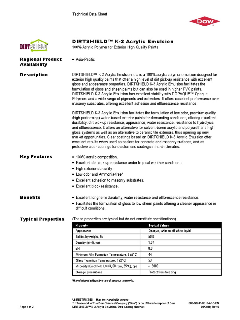 883 00741 01 Dirtshield k3 Acrylic Emulsion Tds Download Free PDF Acrylic Paint Dow