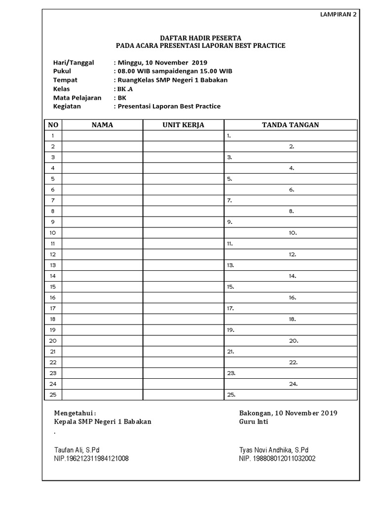Format Daftar Hadir Peserta Selesai