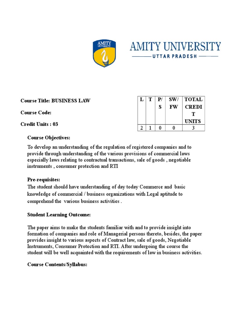 Course Title BUSINESS LAW Course Code Credit Units 03 Course