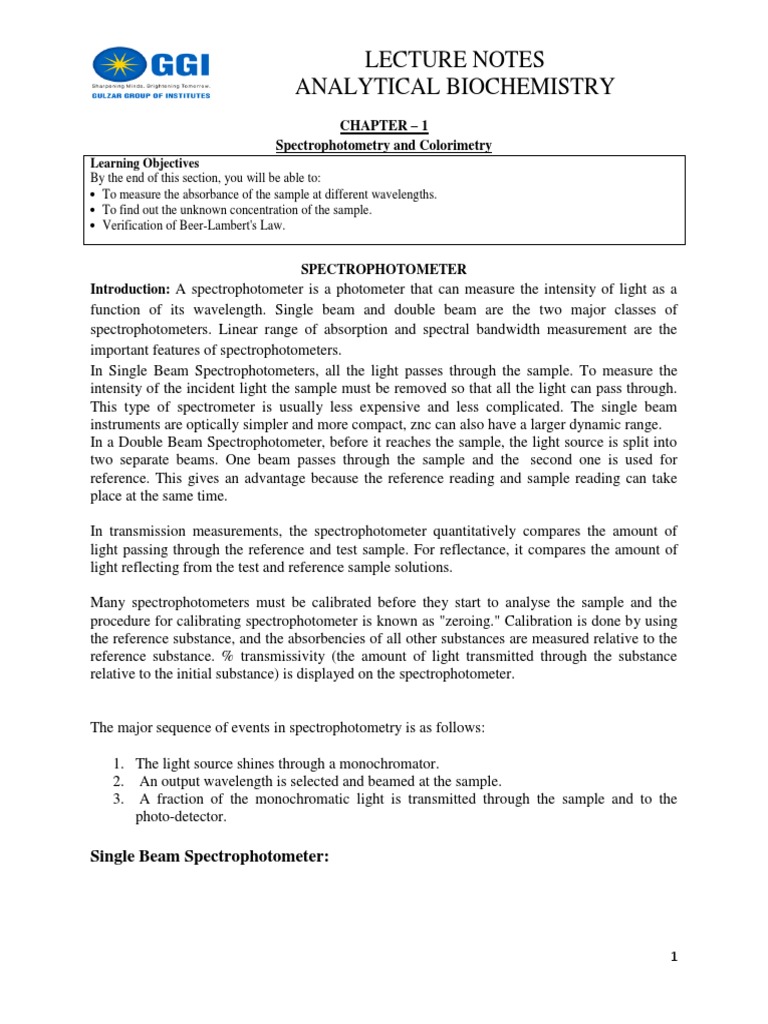 Lecture Notes Analytical Biochemistry Chapter 1 Spectrophotometry and Colorimetry PDF