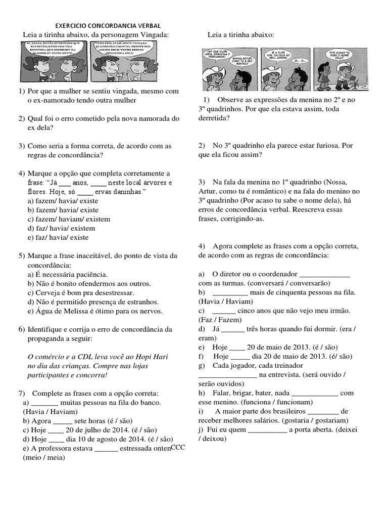 Concordância Verbal Exercícios Com Tirinhas Com Gabarito