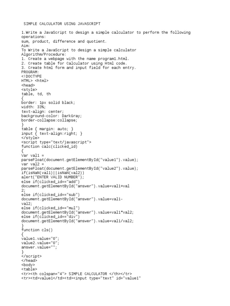 Web Program For A Simple Calculator | PDF