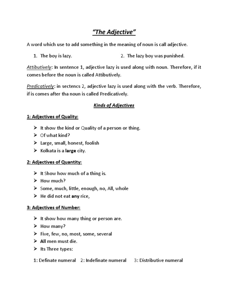 The Adjective": Attibutively: in Sentence 1, Adjective Lazy Is Used Along  With Noun. Therefore, If It | PDF | Adjective | Grammatical Number