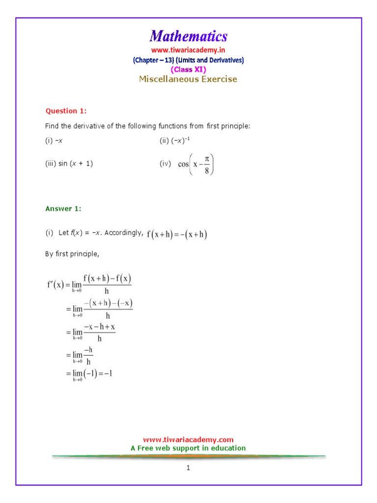 11 Maths NcertSolutions Chapter 13 Miscellaneous PDF | PDF | Derivative ...