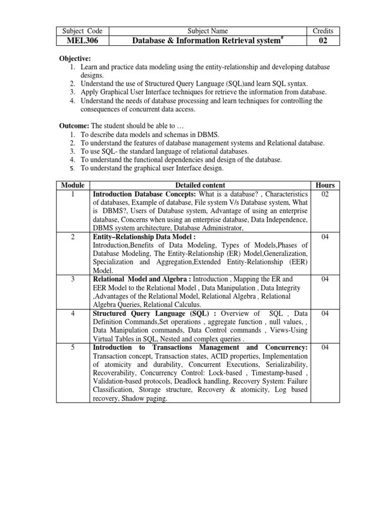 Database & Information Retrieval Syllabus | PDF | Data Model | Databases