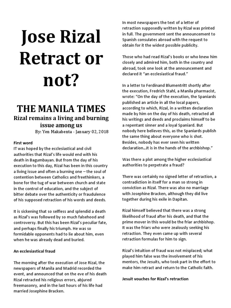 Jose Rizal, Retract or not? Religion And Belief