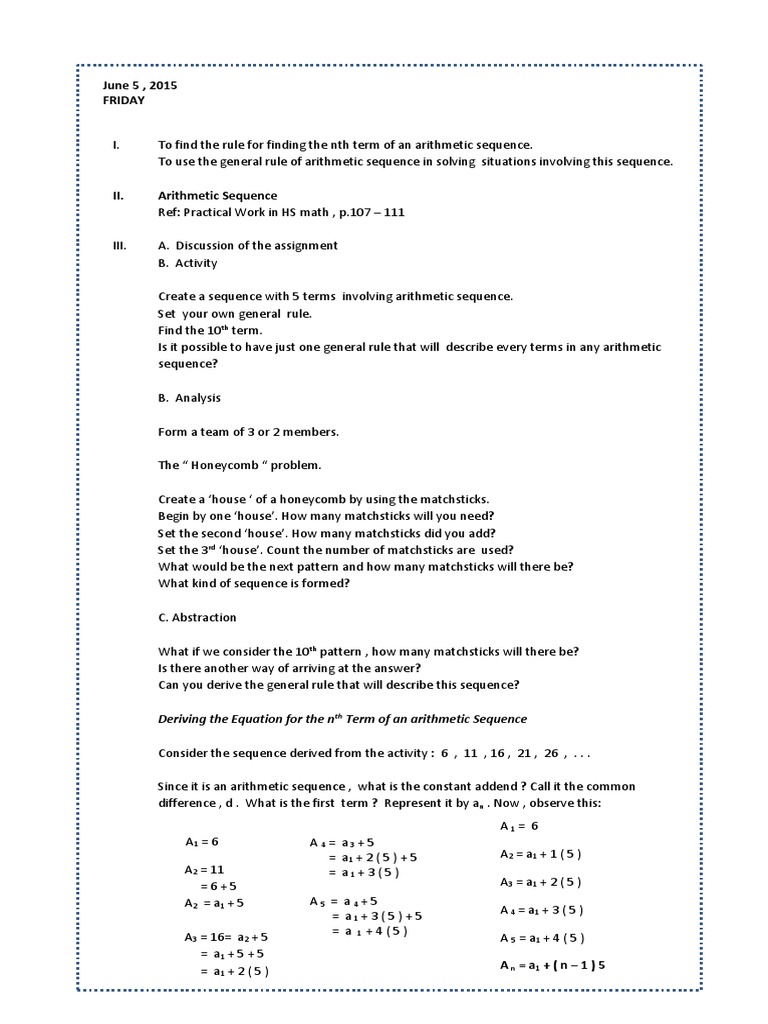 Arithmetic Sequence Lesson Plan Mathematical Analysis Mathematical