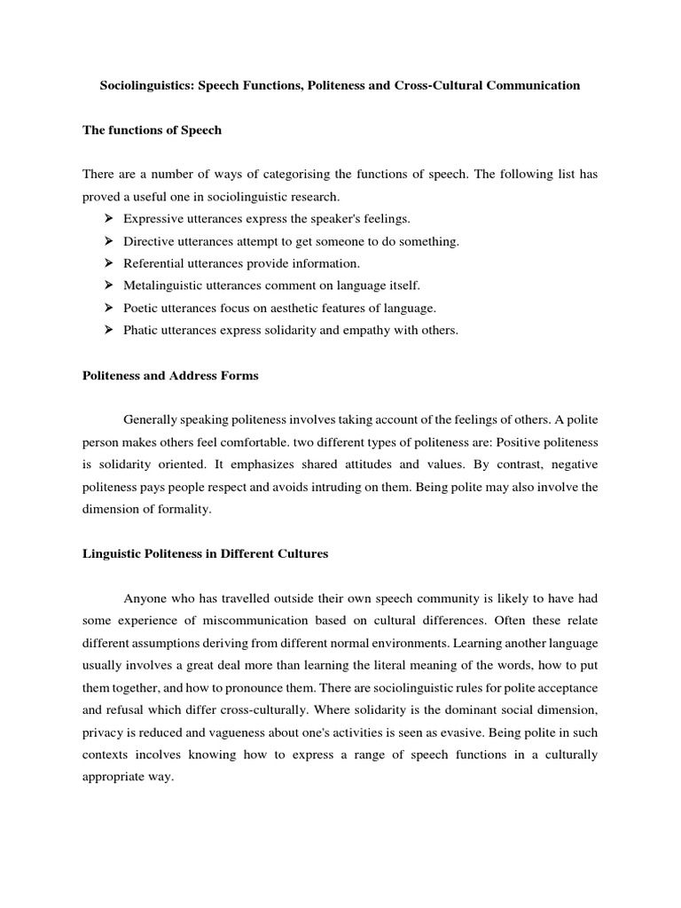 Sociolinguistics Speech Functions, Politeness and Cross-Cultural ...