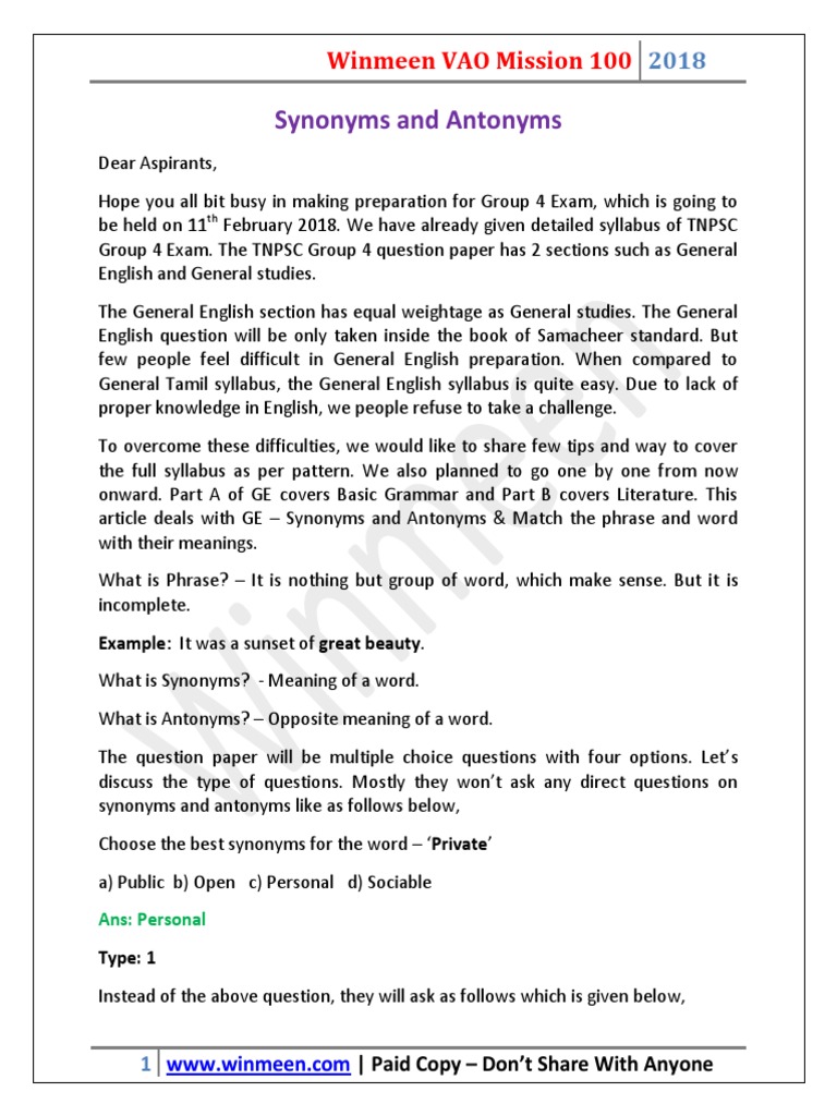 Synonyms and Antonyms Winmeen VAO Mission 100 PDF Question