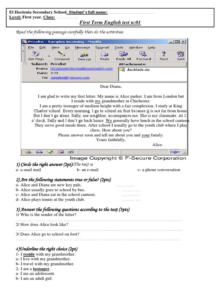 First Term English Test n:01 | PDF | Language Arts & Discipline