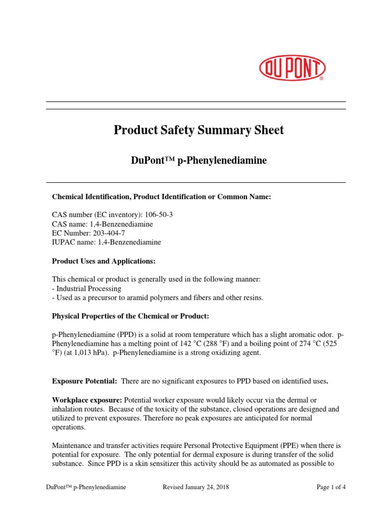 Product Safety Summary Sheet: Dupont™ P-Phenylenediamine | PDF ...