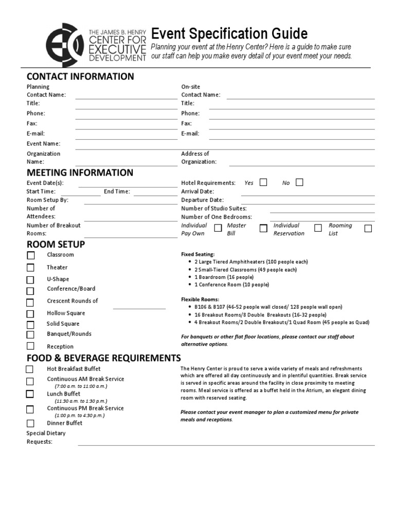 Event Specification Guide for Henry Center | PDF | Buffet | Electronics