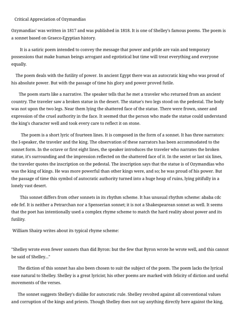 Critical Appreciation Of Ozymandias Sonnets Poetry