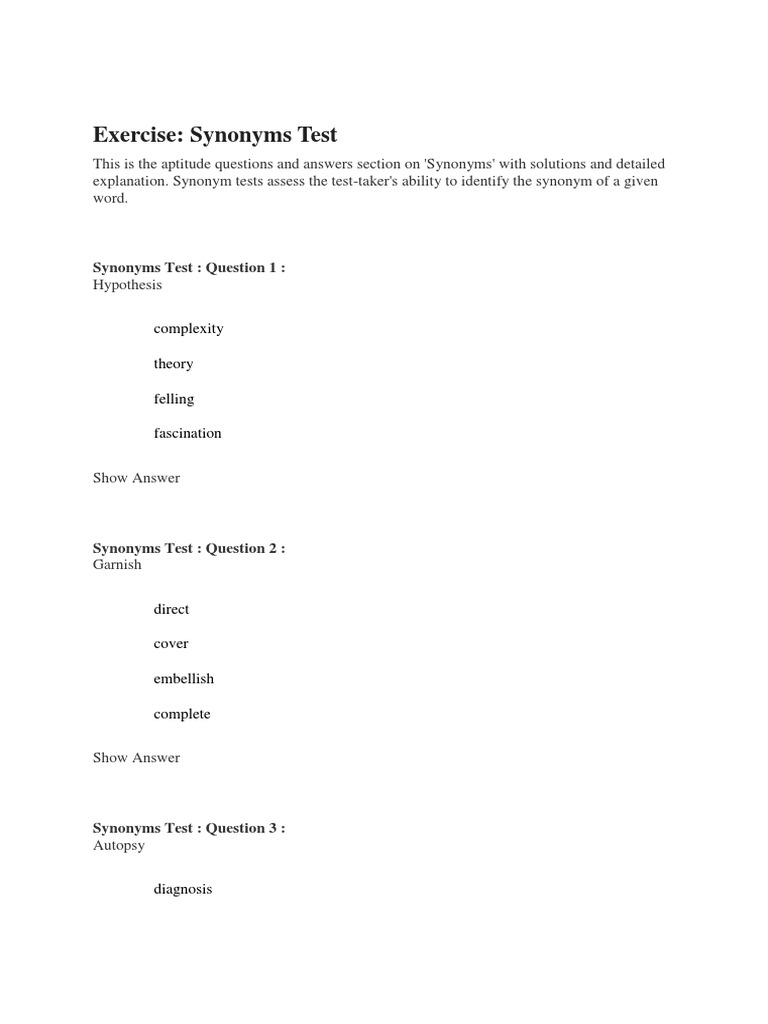 Exercise Synonyms Test PDF Cognition Psychology