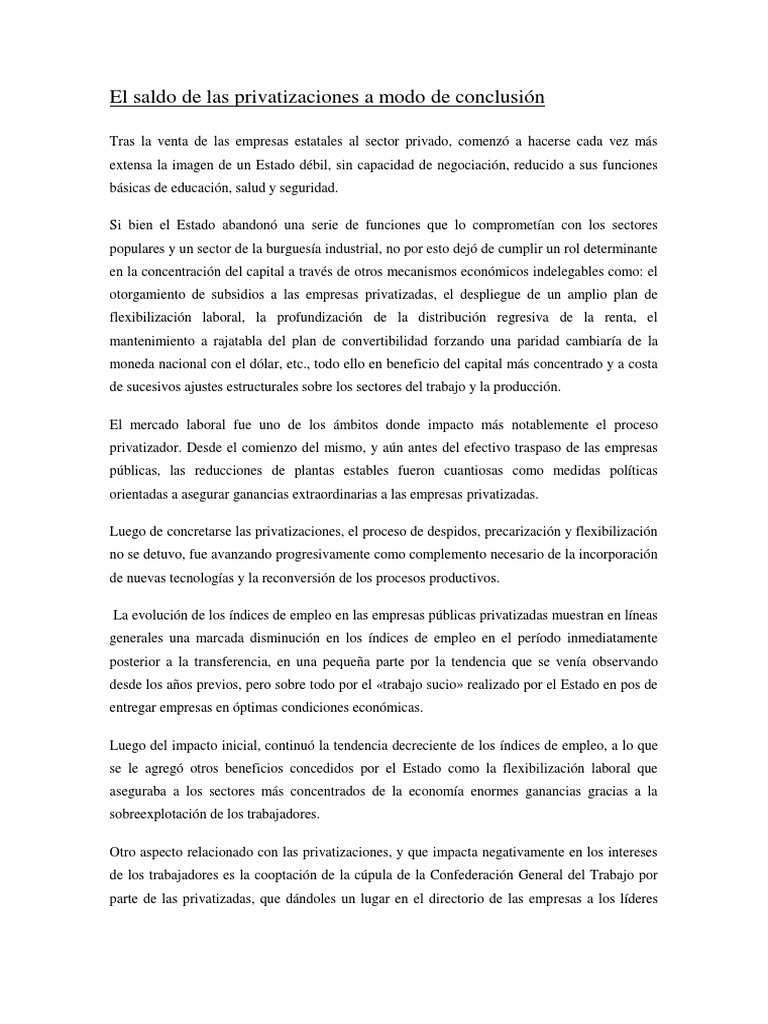 Impacto de las Privatizaciones en Argentina | PDF | Privatización ...