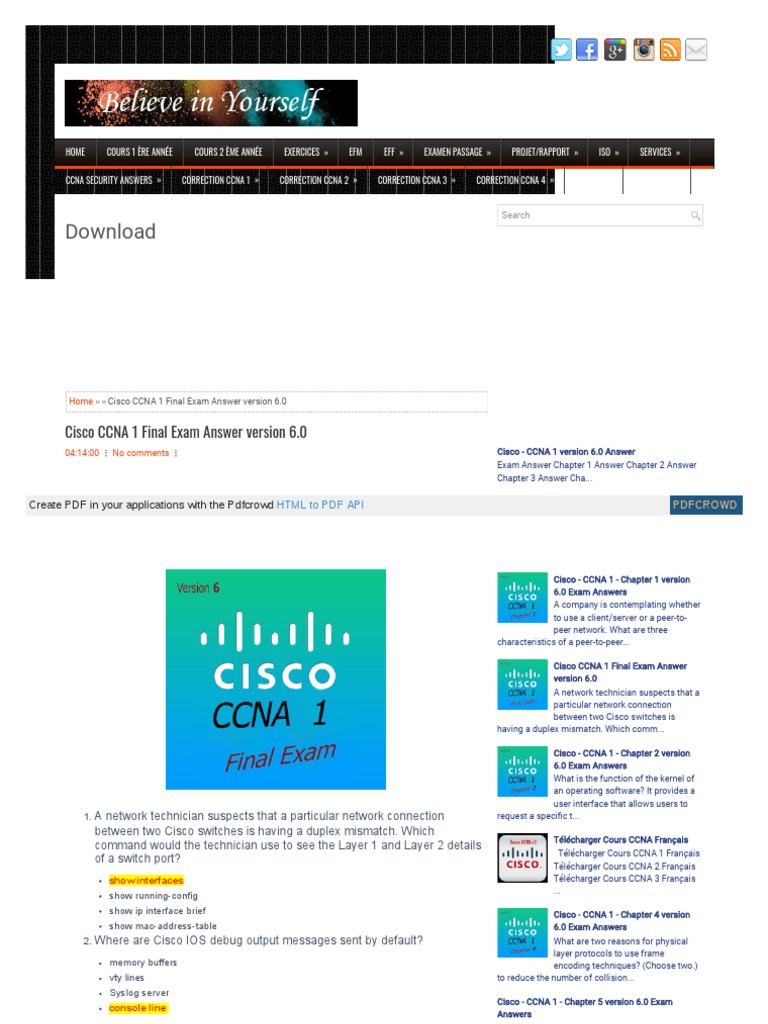 Download: Cisco CCNA 1 Final Exam Answer Version 6.0 | PDF | I Pv6 ...