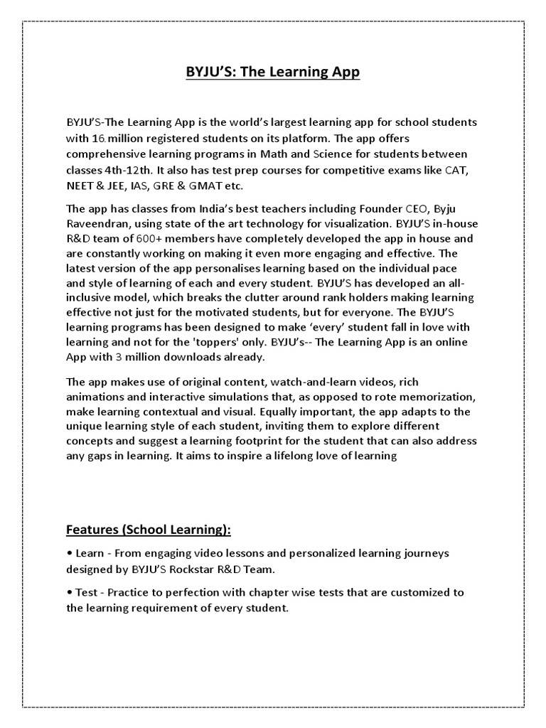 An Overview of BYJU'S The World's Largest Learning App PDF Test