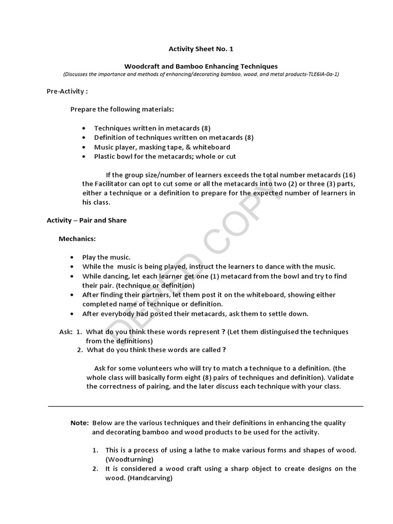 Deped Copy Activity Sheet No. 1 Woodcraft and Bamboo Enhancing