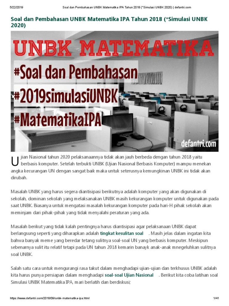 Unbk Matematika Sma Ipa Tahun 2018 Sebagai Simulasi Unbk 2020