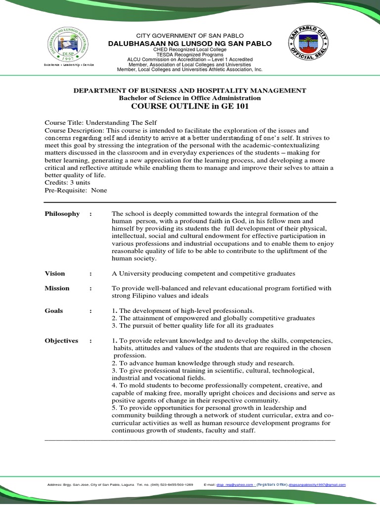 GE 101 Course Outline: Understanding Self | PDF | Self | Identity ...