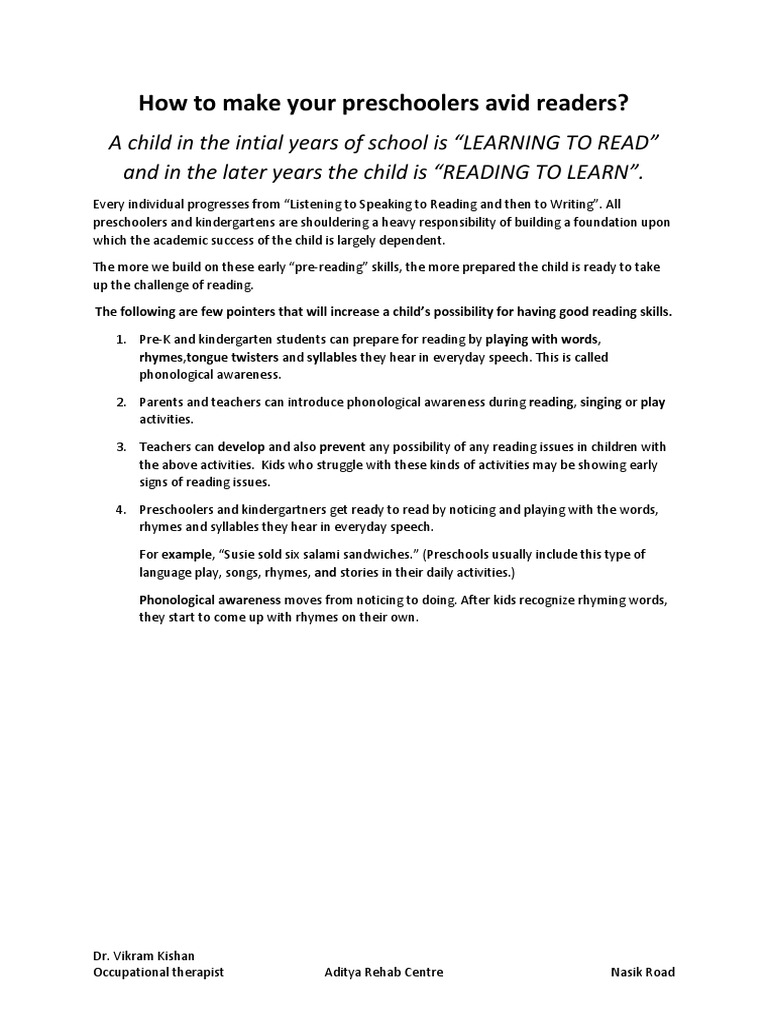 Reading in Preschoolers | PDF