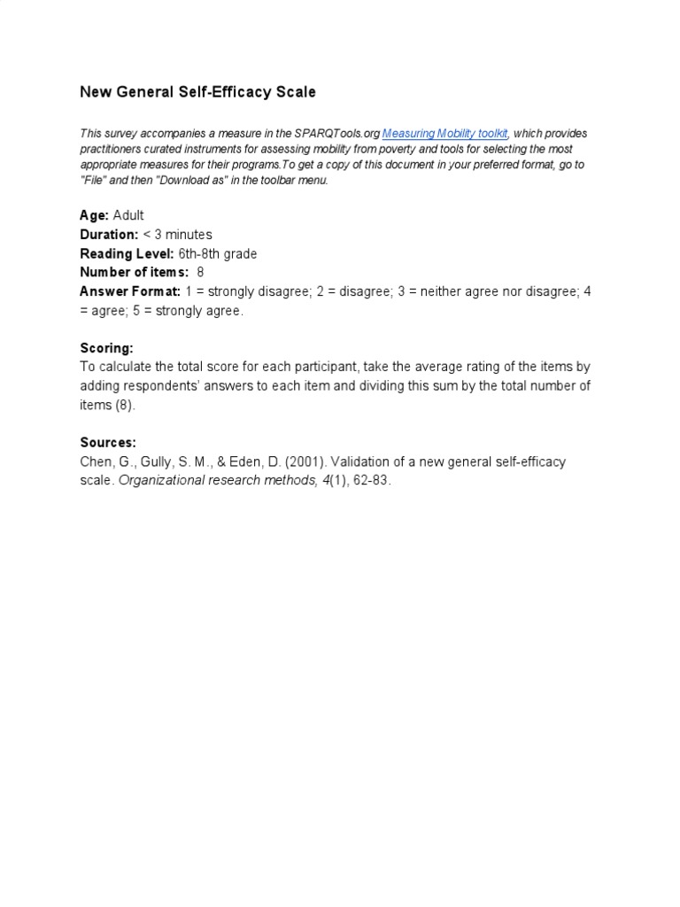 New General Self-Efficacy Scale Overview | PDF | Self Efficacy ...