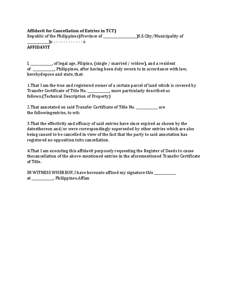 Affidavit For Cancellation of Entries in TCT Sample | PDF | Law