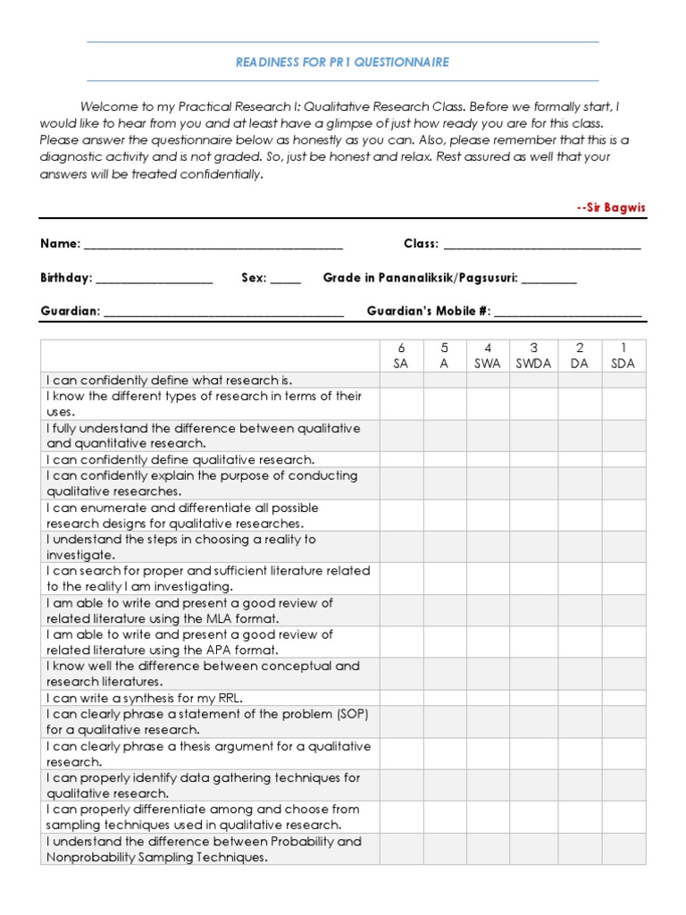 PR1 Qualitative Research Readiness Survey | PDF | Qualitative Research ...