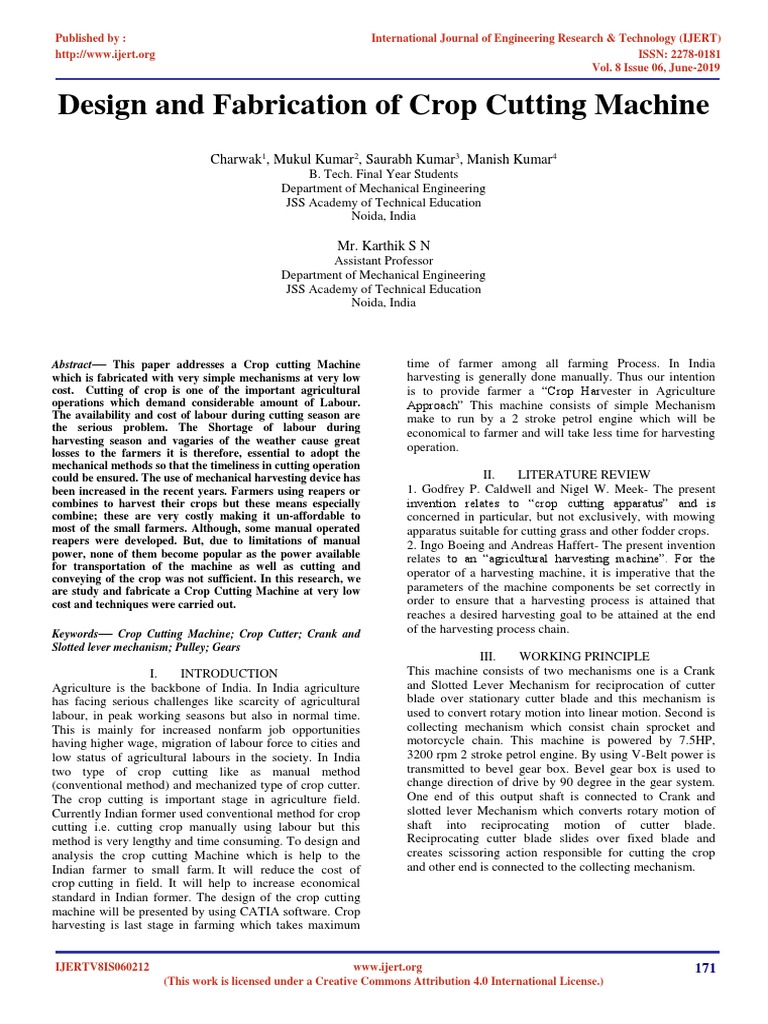 Design and Fabrication of Crop Cutting Machine IJERTV8IS060212 PDF ...