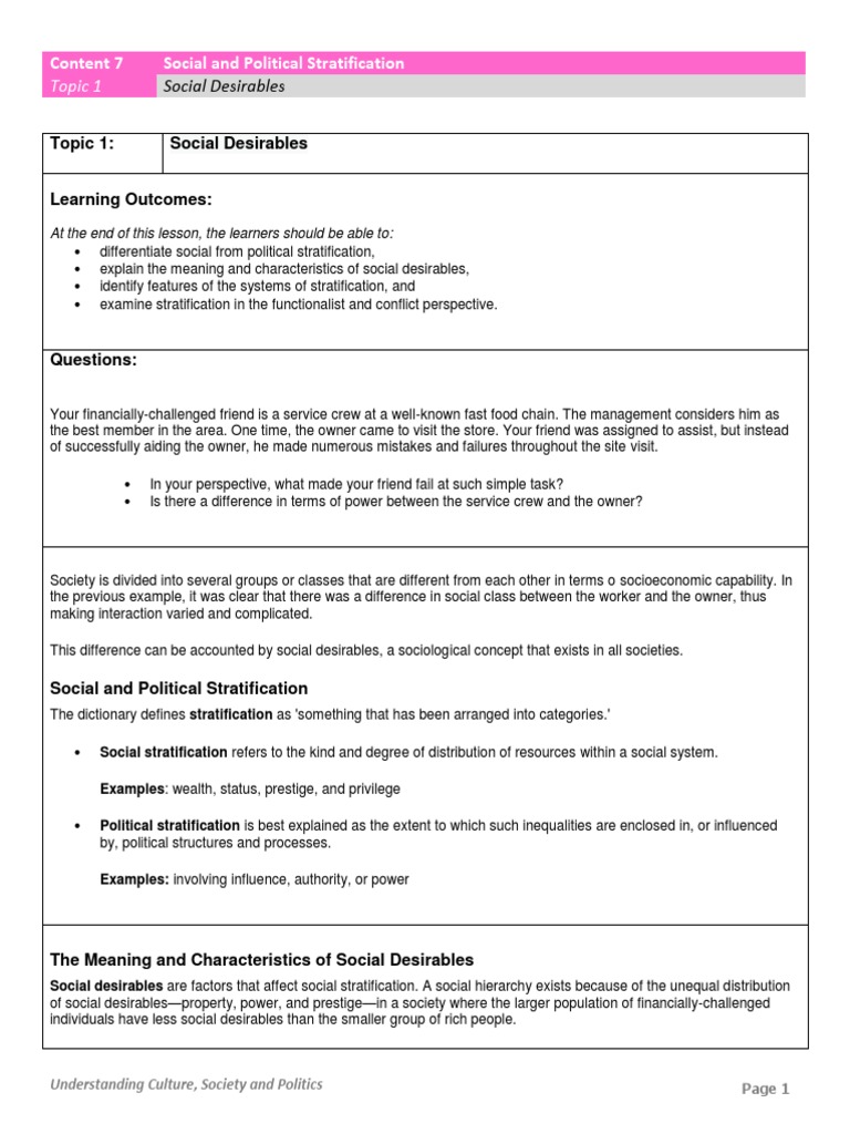 Topic 1 Social Desirables | PDF | Social Stratification | Social Status