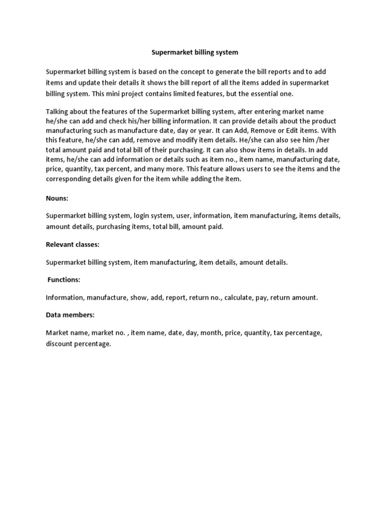 Supermarket Billing System Overview | PDF | Finance & Money Management