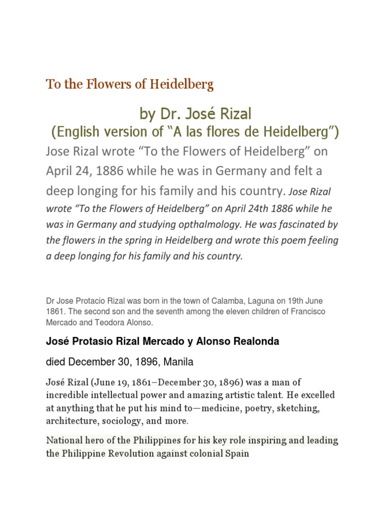 by Dr. José Rizal: (English version of “A las flores de Heidelberg”)