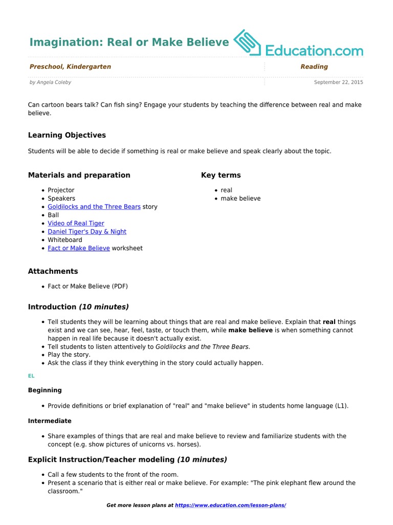 Imagination Real Or Make Believe Lesson Plan Neuropsychological Assessment