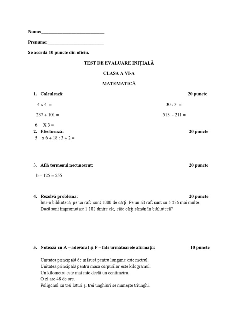 Test de Evaluare Initiala Matematica | PDF