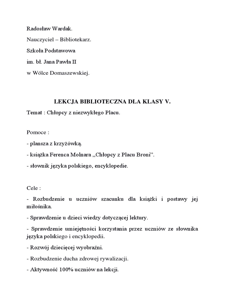 Test Z Lektury Chlopcy Z Placu Broni Dla Klasy 5