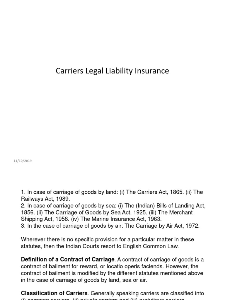 Carriers Legal Liability Insurance PDF Common Carrier Cargo