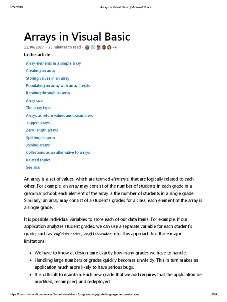 Arrays in Visual Basic - Microsoft Docs | PDF | Visual Basic .Net ...