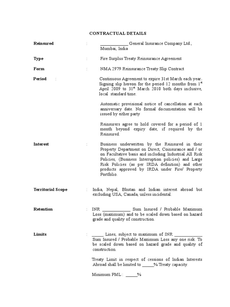 Fire Surplus Treaty Reinsurance Agreement | PDF | Reinsurance | Insurance