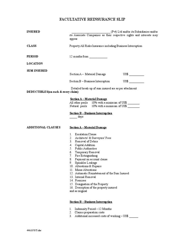 Fac Slip PDF Reinsurance Insurance
