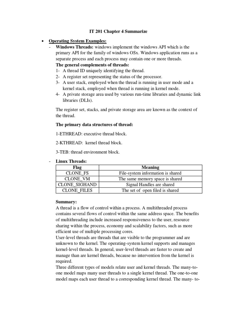 IT 201 Chapter 4 Summarize PDF Thread Kernel